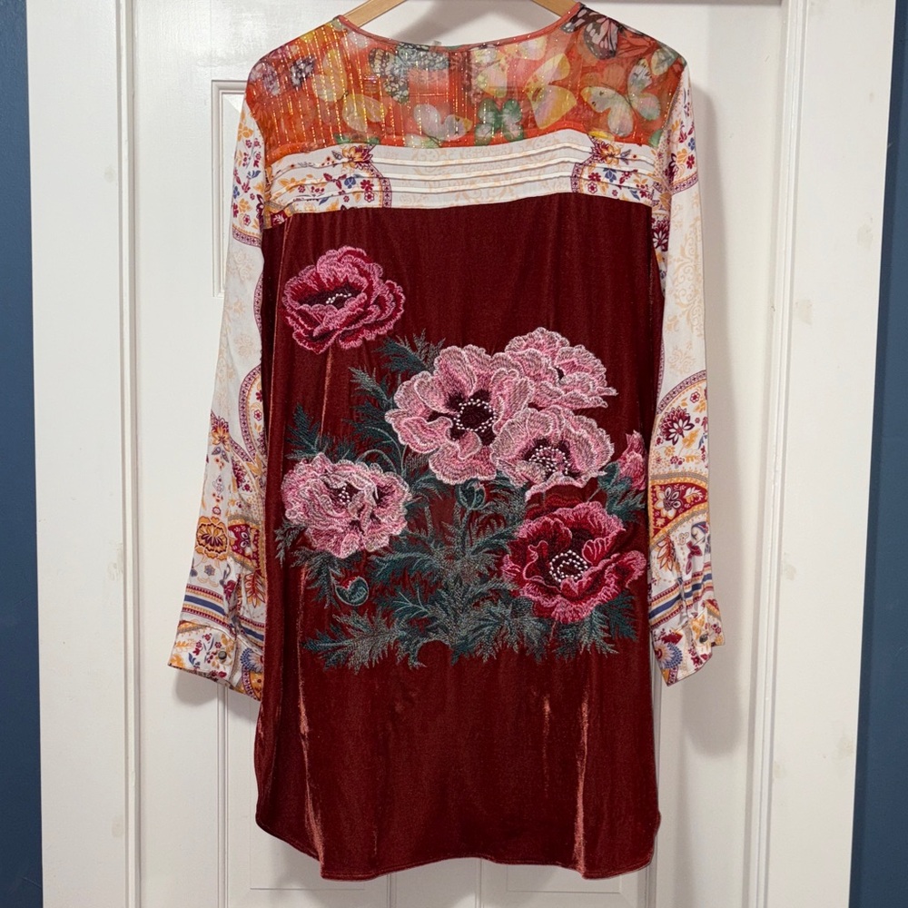 Aratta Burned Tulip Velvet Floral Embroidered Blouse/Tunic, Boho Chic.